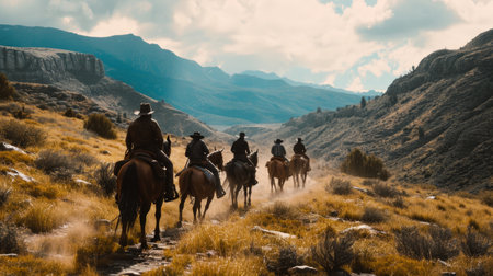 Generative AI A group of cowboys riding together, driving cattle through rugged terrain while navigating the challenges of the wild.の素材