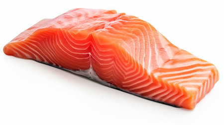 A flavorful salmon fillet piece captured in a close-up realistic photo against a white background Generative AIの素材