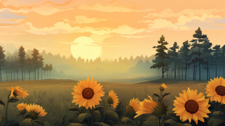 Generative AI A tranquil, misty morning in a field of sunflowers. vector cartoon graphicの素材