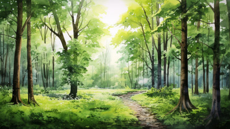 Generative AI A lush, green forest with towering trees and sunlight filtering through.の素材