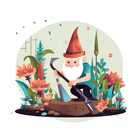 Generative AI A sweet gnome-like creature cultivating a miniature garden with tiny tools. vector, flat, fairy tale, cartoon, cute, white backgroundの素材