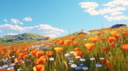 Generative AI A panoramic view of a field filled with California poppies and lupinesの素材