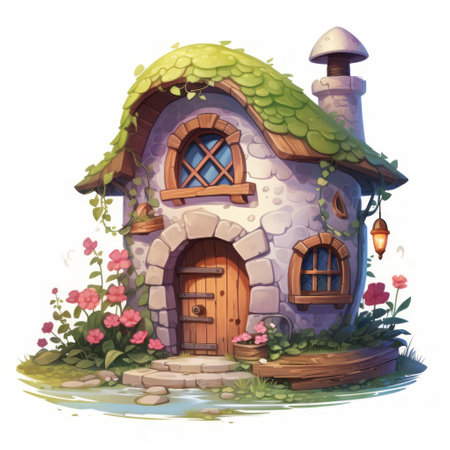 Generative AI A magical tiny house with a cobblestone pathway and a cozy hearth inside.の素材