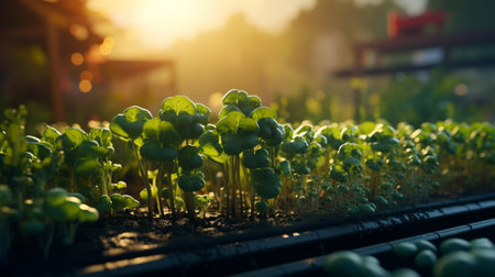 Generative AI An array of microgreens, including kale, broccoli, and mustard, thriving in a community garden.の素材