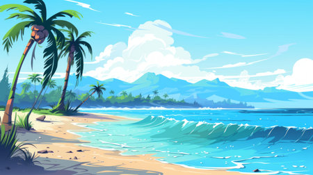 Generative AI A serene beach with palm trees and crystal-clear waters. landscape vector cartoon graphicの素材