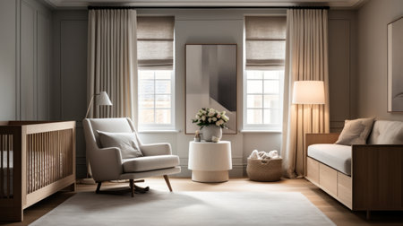 Generative AI Chic toddler's abode, modern elegance ::1 realistic photo, sleek design elements, muted tones, stylish furniture, contemporary ambianceの素材