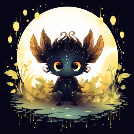 Generative AI A tiny forest spirit with glowing eyes, surrounded by mystical fireflies. vector, flat, fairy tale, cartoon, cuteの素材
