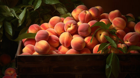 Close-up realistic photo featuring a box overflowing with ripe peaches Generative AIの素材