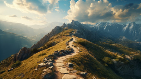 Generative AI A winding mountain trail leading to a breathtaking overlook, offering panoramic views of valleys and peaks.の素材
