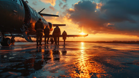 Airline crew on tarmac, preparing aircraft for departure, teamwork, focused activity Generative AIの素材
