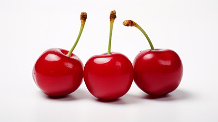Close-up realistic photo featuring three bright red cherries on a white background Generative AIの素材