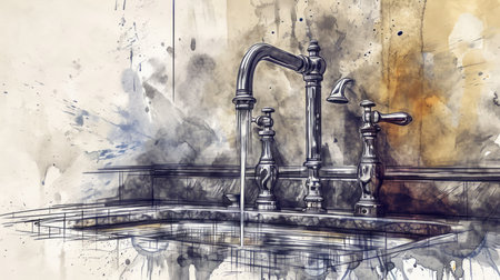Generative AI Dual-handle kitchen faucet, classic design, water flow, atmospheric tones, detailed linework, atmospheric watercolor backgroundの素材