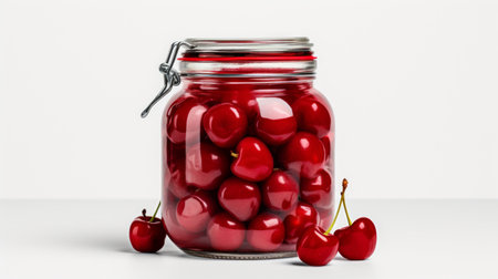 Close-up realistic photo showcasing a glass jar packed with sweet red cherries against a white background Generative AIの素材