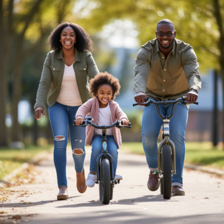Stock image of a parents teaching their child to ride a bike, proud and supportive Generative AIの素材