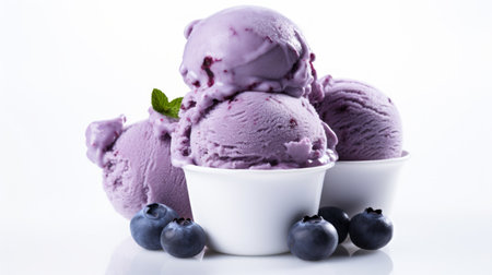 Close-up realistic photo featuring three scoops of luscious blueberry ice cream on a white background Generative AIの素材
