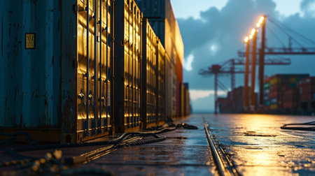 Generative AI Close-up of cargo containers on the deck, stacked high, ocean backdrop, dynamic lighting, atmospheric sceneの素材