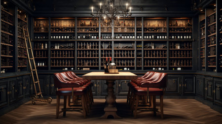 Generative AI Classy wine cellar with a collection of fine wines on display.の素材