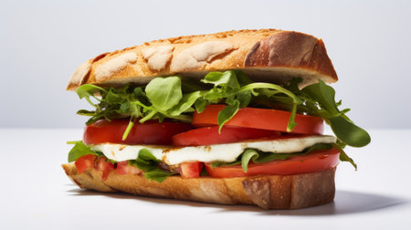 Close-up realistic photo featuring a vegetarian caprese sandwich on a white background Generative AIの素材