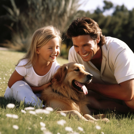 Stock image of a family playing with a pet or a puppy, smiles and cuddles Generative AIの素材