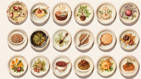 Generative AI Digital miniatures capturing various Thanksgiving dishes in detailed watercolor textures, showcased in a feminine sticker art format with white and bronze accents.の素材