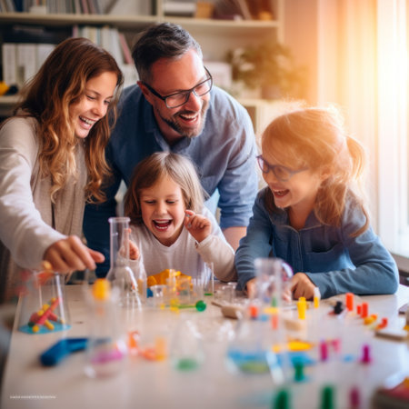 Stock image of a family enjoying a science experiment or project, learning and explorin Generative AIの素材