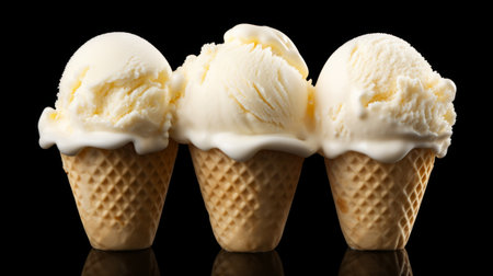 Three scoops of classic vanilla ice cream in a close-up realistic photo against a white background Generative AIの素材