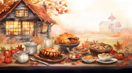 Generative AI Detailed digital embellishments featuring a cozy cottage setting, atmospheric watercolor background, and loose linework depicting a Thanksgiving feast with grocery art-inspired ingredients.の素材