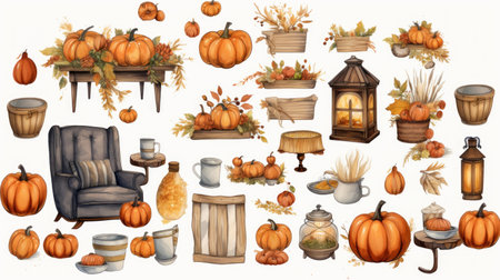 Generative AI Digital stickers displaying a Thanksgiving family gathering in atmospheric watercolor hues, featuring loose linework for a cottagepunk-inspired cozy settingの素材