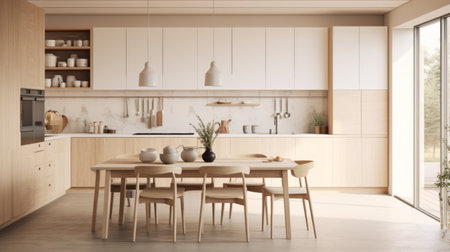 Generative AI Detailed photorealism portraying a Scandinavian-style kitchen with clean aesthetics, light wood tones, and minimal decor. photorealisticの素材