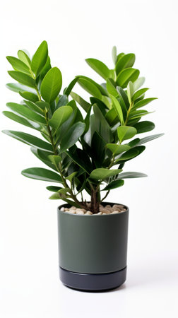Stock image of a ZZ Plant on a white background, thick, dark green leaves, low-maintenance and modern Generative AIの素材