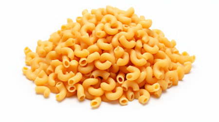 Close-up realistic photo featuring a small pile of cavatappi pasta on a white background Generative AIの素材