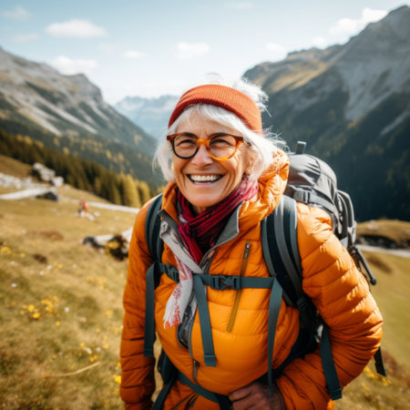 Stock image of a senior woman hiking in the mountains, adventurous and active lifestyle Generative AIの素材