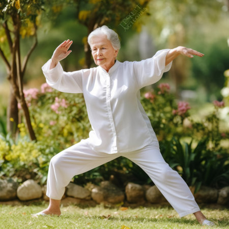 Stock image of an elderly woman practicing Tai Chi in a tranquil garden, graceful and focused Generative AIの素材