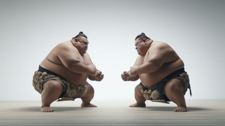Generative AI Sumo wrestlers engaged in early morning rituals, including traditional purifying ceremonies.の素材