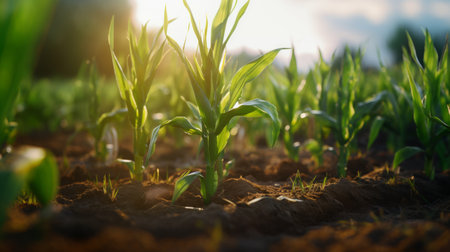 Generative AI Timelapse series showing the growth stages of corn, from planting the seeds to the lush, tall stalks ready for harvesting.の素材