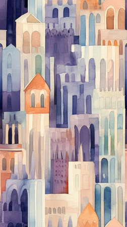 Generative AI Watercolor design featuring Italian monastery arches and columns within a geometric frameworkの素材