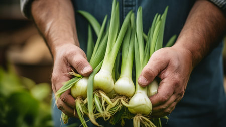close-up of male hands holding a bunch of leeks, harvesting in a greenhouse Generative AIの素材