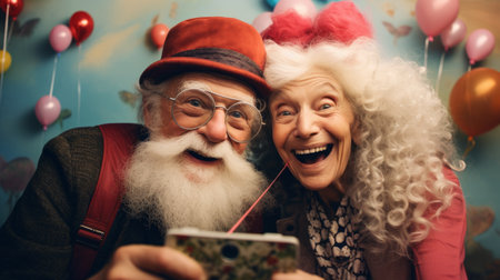 Generative AI Whimsical doodle art portraying grandparents giggling and taking selfies with silly filters at a photo booth.の素材