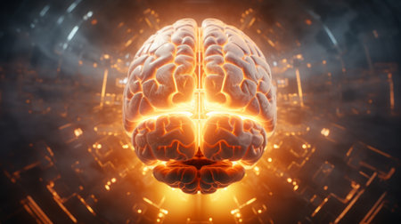 Generative AI Top-view perspective of an AI brain as a pulsating orb of light, symbolizing its cognitive and learning capacities.の素材