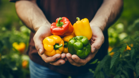 close-up of male hands holding sweet bell peppers, harvesting in the garden Generative AIの素材