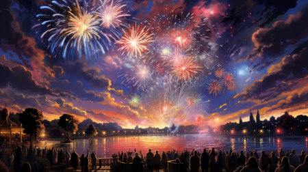 Generative AI Realistic oil painting capturing the explosive energy and colors of a fireworks show.の素材