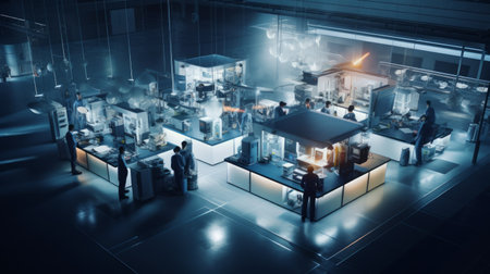 Generative AI Overhead shots of a laboratory housing AI systems, showing scientists working on enhancing artificial intelligence.の素材