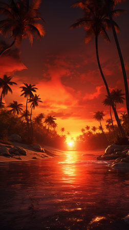 Generative AI Overhead shot showcasing the splendor of a serene island chain during sunset, with palm trees silhouetted against the fiery sky, creating a magical and captivating scene.の素材
