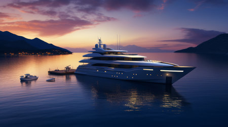 Realistic photo of a high-end yacht anchored at dusk, affluent vacationers savoring the sunset, lavish amenities on board, serene and upscale atmosphere Generative AIの素材