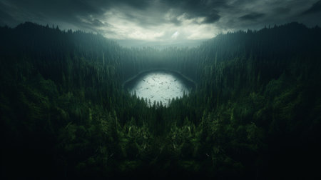 Generative AI Overhead view capturing a vast expanse of forest, the sun slowly ascending on the horizon against a serene light blue skyの素材