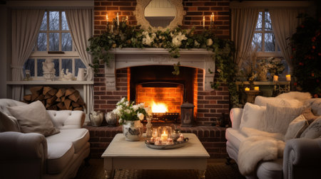 Realistic photo of a cottage-style living room with a brick fireplace, cozy furnishings, floral decor, soft, warm lighting, quaint and charming setting Generative AIの素材