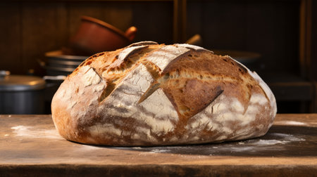 Generative AI Rustic farmhouse bread, showcasing scoring patterns and flour-dusted surfaces for an authentic lookの素材