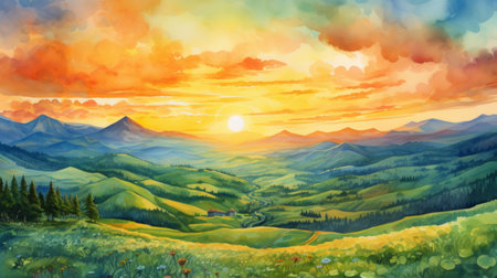 Generative AI Rolling green hills under a vibrant sunset. aquarelleの素材