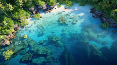 Generative AI Overhead perspective showcasing a serene tropical island chain adorned with swaying palm trees, inviting hammocks, and azure waters teeming with marine biodiversity.の素材