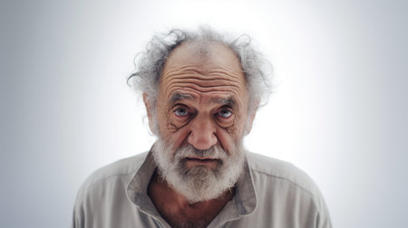 Generative AI Senior male actor, conveying a range of emotions, from sorrow to happiness, in a series of expressions, against a plain white backdropの素材